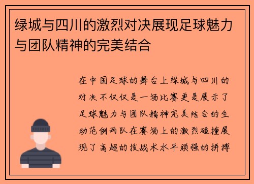 绿城与四川的激烈对决展现足球魅力与团队精神的完美结合